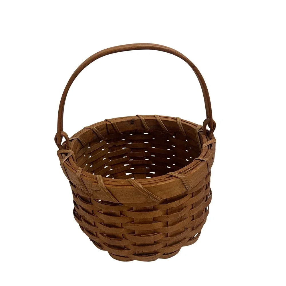 Vintage Woven Wood Round Basket with Handle and Green Cherry Apple Fabric Liner